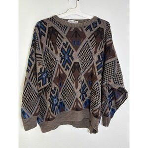 Progetto Made in Italy Vintage Geometric Intarsia Knit Sweater Brown Blue Mens L